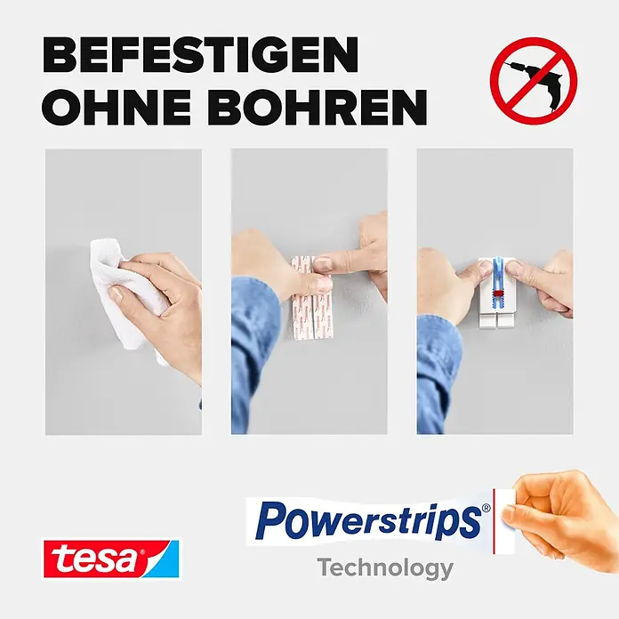 Tesa Klebenagel - Geeignet für: Leinwände, Belastbarkeit: 2 kg, 2 Stk., Blau - Anwendung der tesa Powerstrips Technologie: Eine Anleitung zur bohrfreien Befestigung an Wänden.
