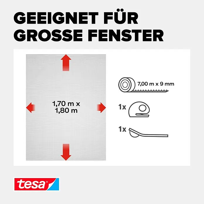Tesa Insect Stop Insektenschutzgitter Premium - B x H: 170 x 180 cm, Anthrazit, Montage Insektengitter: Ankletten - Moskitonetz für große Fenster, 1,70 x 1,80 m, inkl. 7 m x 9 mm Band, 1 Eckstück und 1 Montagewerkzeug.