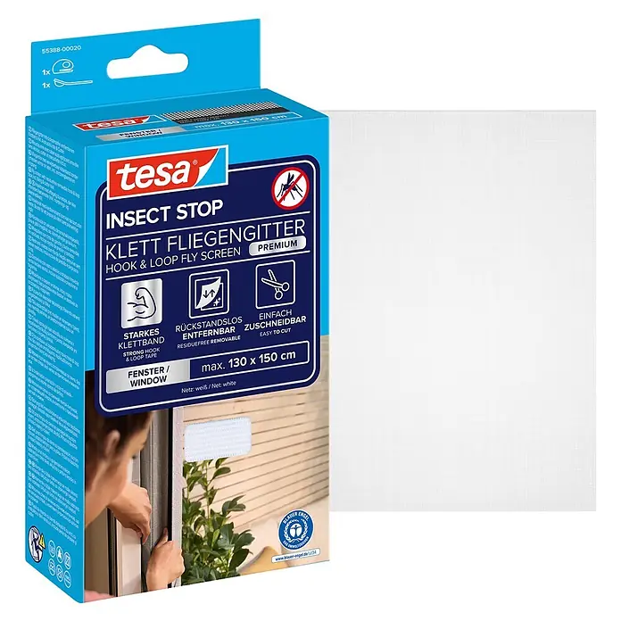 Tesa Insect Stop Insektenschutzgitter Premium - B x H: 130 x 150 cm, Weiß, Montage Insektengitter: Ankletten - tesa Insect Stop Klett-Fliegengitter-Verpackung mit weißem Netz, max. 130x150cm, und Einbau-Detail am Fenster.
