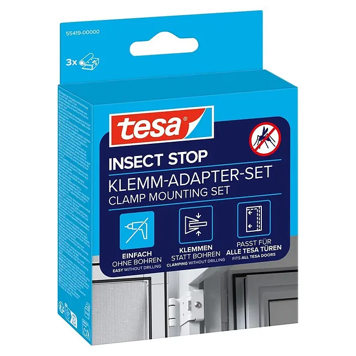 Tesa Insect Stop Adapter-Set - Weiß, Passend für: alle tesa Aluminiumrahmen Türen, Klemmen - Diagonale Ansicht