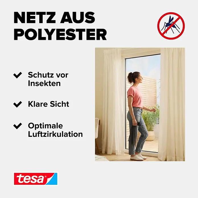 Tesa Insect Stop Insektenschutzfenster Premium - B x H: 120 x 240 cm, Anthrazit, Montage Insektengitter: Ankletten - Polyesternetz für Fenster und Türen, bietet Insektenschutz, klare Sicht und optimale Luftzirkulation.