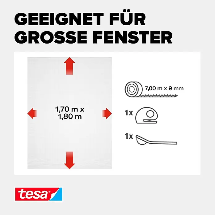 Tesa Insect Stop Insektenschutzgitter Premium - B x H: 170 x 180 cm, Weiß, Montage Insektengitter: Ankletten - Weißes Insektenschutz-Set für große Fenster (1,70 x 1,80 m), inkl. 7m Klebeband, Cutter und Spachtel.