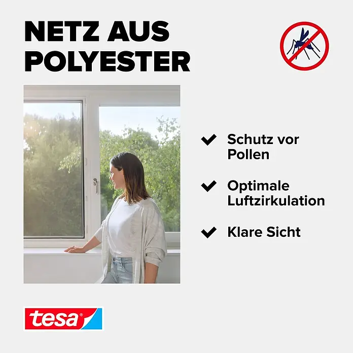 Tesa Insect Stop Pollenschutzgitter Pollen Protection - B x H: 130 x 150 cm, Montage Insektengitter: Ankletten - Polyester-Insektenschutzgitter am Fenster, bietet klare Sicht und Schutz vor Pollen und Insekten.