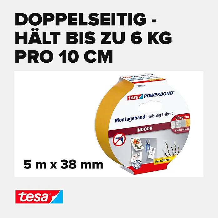 Tesa Powerbond Montageband Indoor - 5 m x 38 mm - Gelbes Tesa Powerbond doppelseitiges Montageband, 5m x 38mm, hält bis zu 6kg pro 10cm für den Innen- und Multi-Oberflächen-Einsatz.