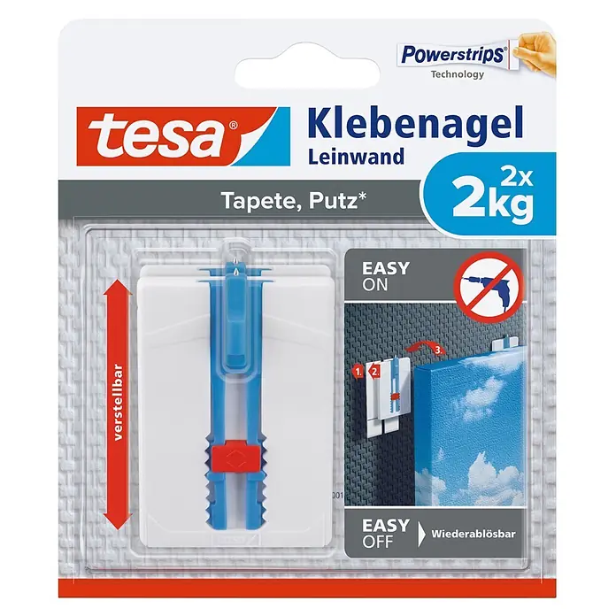Tesa Klebenagel - Geeignet für: Leinwände, Belastbarkeit: 2 kg, 2 Stk., Blau - tesa Klebenagel aus weißem Kunststoff mit blauen und roten Akzenten. Verstellbar, wiederablösbar, für Leinwand/Tapete/Putz, 2x 2kg Belastbarkeit.