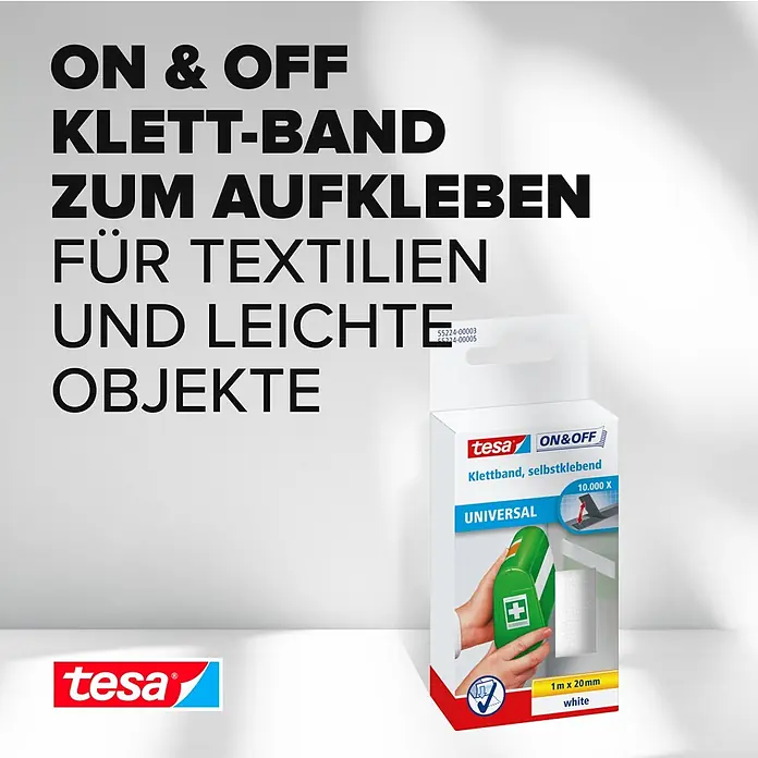 Tesa ON & OFF Klettband - 20 mm x 1 m, Weiß - Weißes tesa ON&OFF selbstklebendes Klettband (1m x 20mm) in der Produktverpackung.