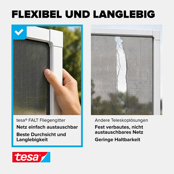 Tesa Insect Stop Insektenschutzfenster FALT für Fenster - Weiß, Montage Insektengitter: Klemmen - tesa® FALT Fliegengitter mit flexiblem, austauschbarem und langlebigem Netz. Vergleicht dies mit einem fest verbauten, gerissenen Netz.