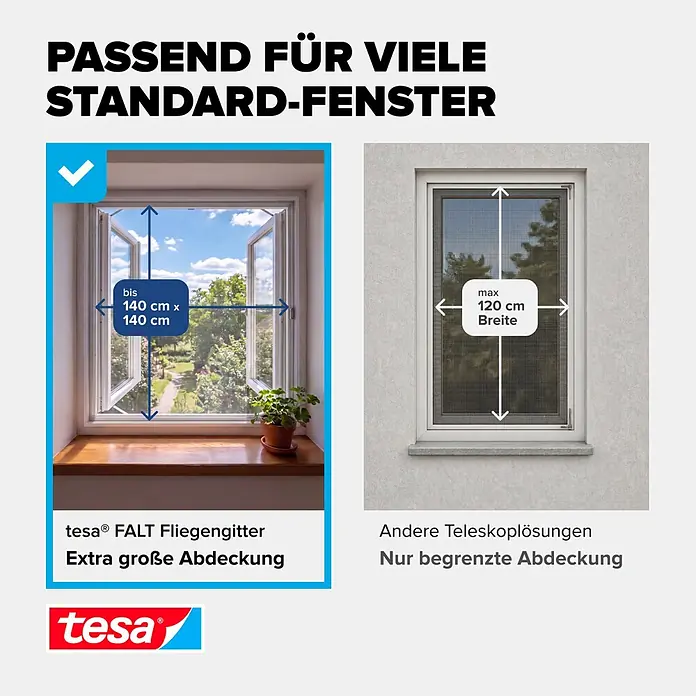 Tesa Insect Stop Insektenschutzfenster FALT für Fenster - Weiß, Montage Insektengitter: Klemmen - tesa® FALT Fliegengitter für Fenster bis 140x140 cm, im Vergleich zu Teleskoplösungen bis 120 cm Breite.