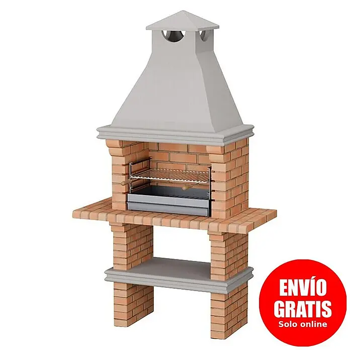 Sotnas Barbacoa de obra Luanda - Gris/Ladrillo, An x Pr x Al: 127 x 60 x 219 cm, Superficie parrilla: 60 x 38 cm, Sin fregadero - Barbacoa de ladrillo con campana y estante inferior gris claro, con parrilla metálica y cenicero.