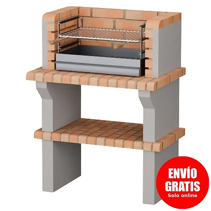 Sotnas Barbacoa de obra Benguela - Gris/Ladrillo, An x Pr x Al: 90 x 60 x 121 cm, Superficie parrilla: 60 x 38 cm, Sin fregadero - Barbacoa de ladrillo con parrilla metálica y cenicero, con estante inferior de ladrillo y soportes grises.