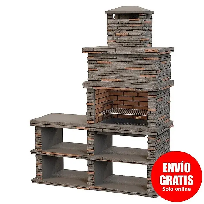 Sotnas Barbacoa de obra Londres - Gris, An x Pr x Al: 186 x 68 x 245 cm, Superficie parrilla: 69 x 48 cm, Izquierda sin fregadera - Barbacoa de exterior revestida de piedra con chimenea, encimera lateral y estantes de almacenaje inferiores, con parrilla.
