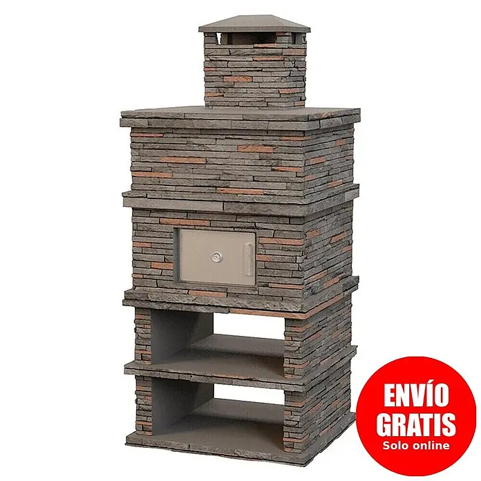 Sotnas Horno de piedra Londres - Gris, An x Pr x Al: 109 x 98 x 245 cm, Cemento de aluminato de calcio - Horno exterior de piedra con chimenea, puerta metálica y estantes de almacenamiento inferiores.