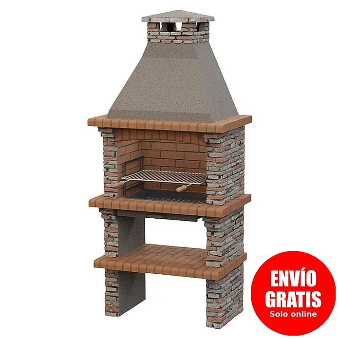 Sotnas Barbacoa de obra Paris - Gris, An x Pr x Al: 96 x 60 x 221 cm, Superficie parrilla: 60 x 38 cm - Barbacoa de ladrillo rojo y hormigón gris con parrilla metálica y estante inferior.