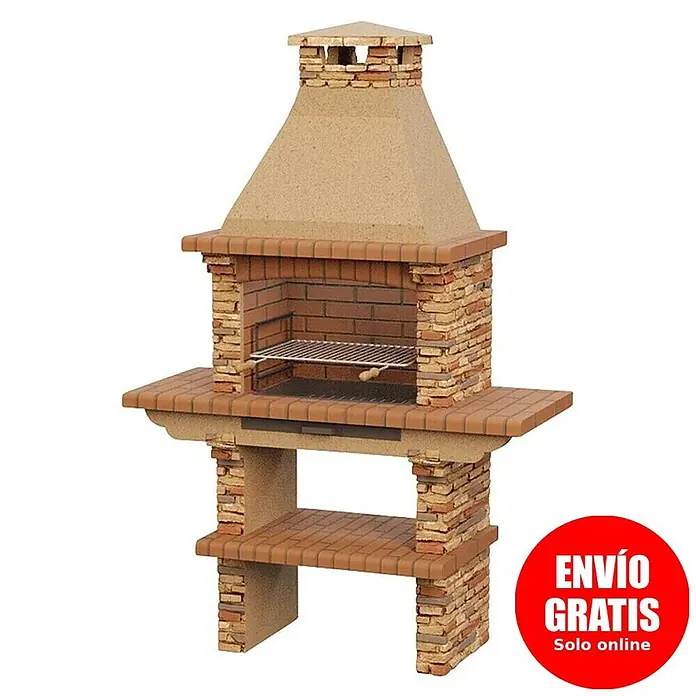 Sotnas Barbacoa de obra Paris - Castaño, An x Pr x Al: 144 x 60 x 219 cm, Superficie parrilla: 60 x 38 cm - Barbacoa tradicional de ladrillo con campana de hormigón beige, parrilla metálica y estantes laterales para exterior.