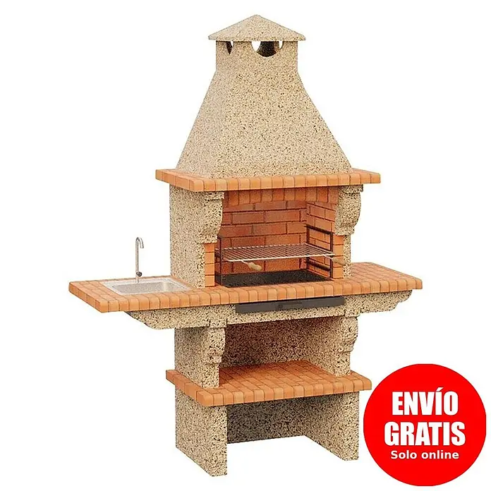 Sotnas Barbacoa de obra Barcelos Cerrada - Crema/Ladrillo, An x Pr x Al: 196 x 60 x 225 cm, Superficie parrilla: 60 x 38 cm, Izquierda con fregadera - Barbacoa de ladrillo y piedra con chimenea, fregadero, parrillas y estante inferior.