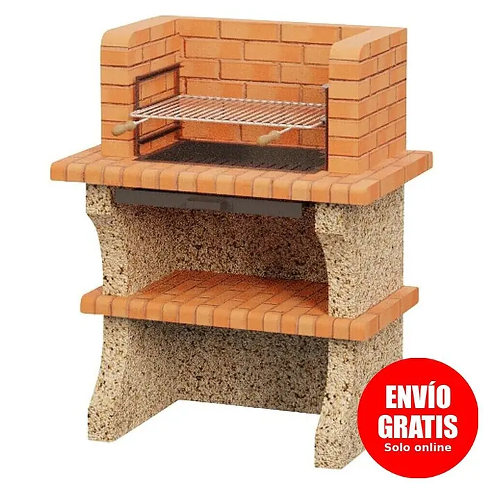 Sotnas Barbacoa de obra Barcelos sin campana - Crema/Ladrillo, An x Pr x Al: 98 x 60 x 121 cm, Superficie parrilla: 60 x 38 cm - Barbacoa de ladrillo con parrilla metálica, estante inferior y pegatina "ENVÍO GRATIS Solo online".