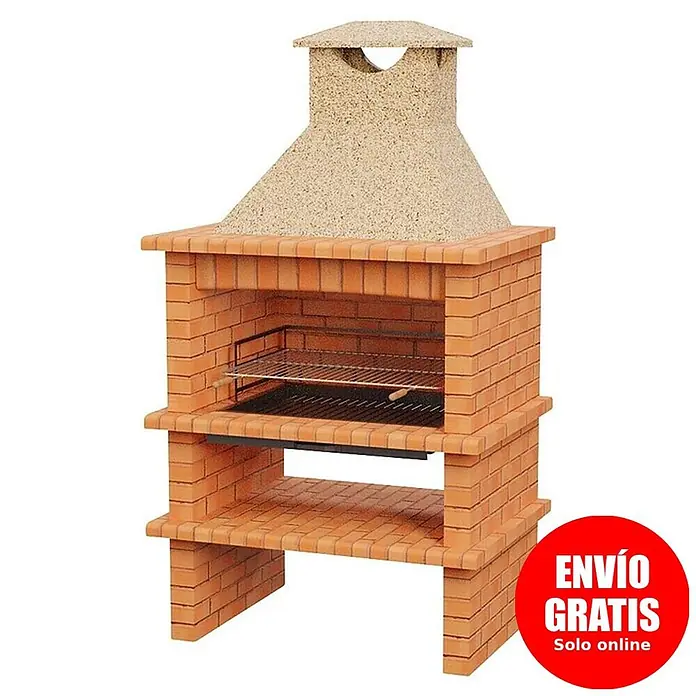 Sotnas Barbacoa de obra Barcelos Ladrillo - Crema/Ladrillo, An x Pr x Al: 133 x 96 x 241 cm, Superficie parrilla: 95 x 65 cm - Barbacoa de ladrillo con chimenea de piedra, parrilla y estantes.