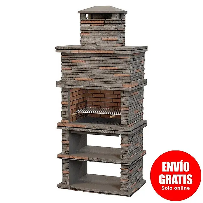 Sotnas Barbacoa de obra Londres - Gris, An x Pr x Al: 104 x 68 x 245 cm, Superficie parrilla: 69 x 48 cm - Barbacoa de piedra y ladrillo con chimenea, parrilla y estantes inferiores.
