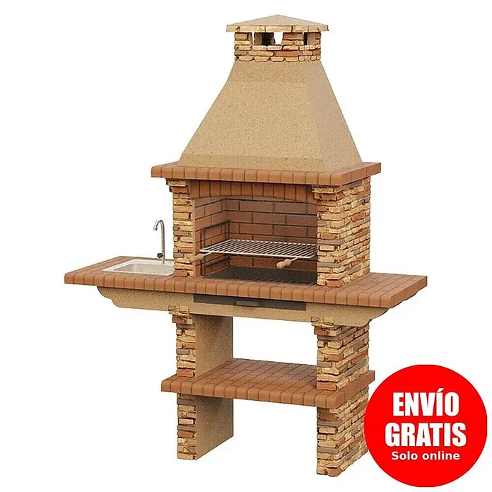 Sotnas Barbacoa de obra Paris - Castaño, An x Pr x Al: 164 x 60 x 219 cm, Superficie parrilla: 60 x 38 cm, Izquierda - Barbacoa de ladrillo de dos niveles con fregadero integrado, chimenea y parrilla.