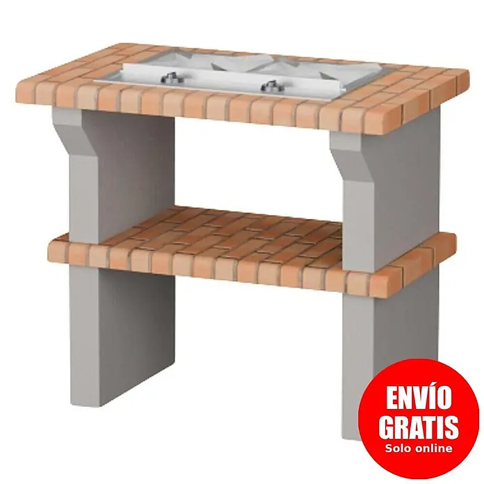 Sotnas Mesa de barbacoa para barbacoa con cocina - Gris/Ladrillo, An x Pr x Al: 96 x 60 x 84 cm - Barbacoa de obra de ladrillo y hormigón con dos parrillas metálicas y estante inferior.