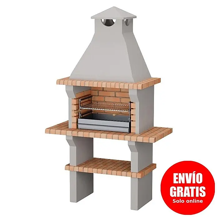 Sotnas Barbacoa de obra Benguela - Gris/Ladrillo, An x Pr x Al: 127 x 60 x 217 cm, Superficie parrilla: 60 x 38 cm, Sin fregadero - Barbacoa de jardín de hormigón gris y ladrillos rojizos, con chimenea, parrillas y estantes inferiores.
