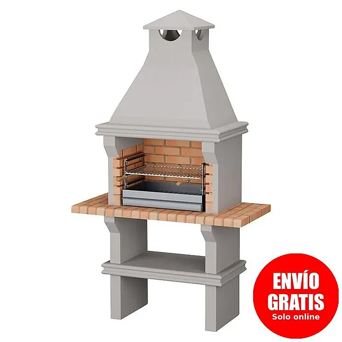 Sotnas Barbacoa de obra Ibiza - Gris/Ladrillo, An x Pr x Al: 127 x 60 x 219 cm, Superficie parrilla: 60 x 38 cm, Sin fregadero - Barbacoa exterior de hormigón gris y ladrillo con chimenea, parrilla metálica y encimera lateral.