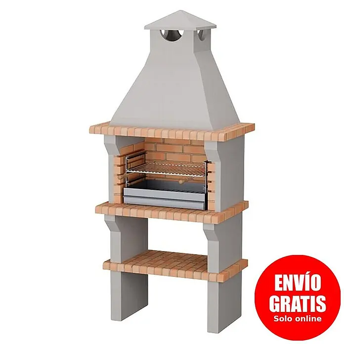 Sotnas Barbacoa de obra Benguela - Gris/Ladrillo, An x Pr x Al: 90 x 60 x 217 cm, Superficie parrilla: 60 x 38 cm, Sin fregadero - Barbacoa de exterior de hormigón gris claro y ladrillo con parrillas metálicas y chimenea.