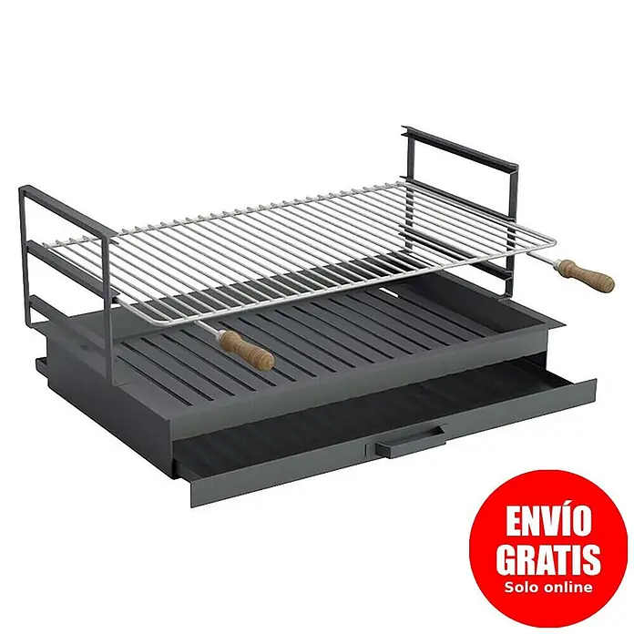 Sotnas Cajón para barbacoa - An x Pr x Al: 78 x 48 x 20 cm, Acero, Encastrada - Parrilla de metal gris oscuro con rejilla de cocción ajustable y cajón de cenizas extraíble, con mangos de madera.