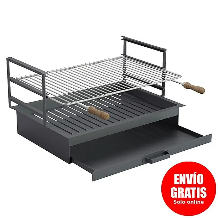 Sotnas Cajón para barbacoa - An x Pr x Al: 69 x 48 x 20 cm, Acero, Encastrada - Barbacoa de metal gris oscuro con dos parrillas, una ajustable, y un cajón de cenizas extraíble con mangos de madera.
