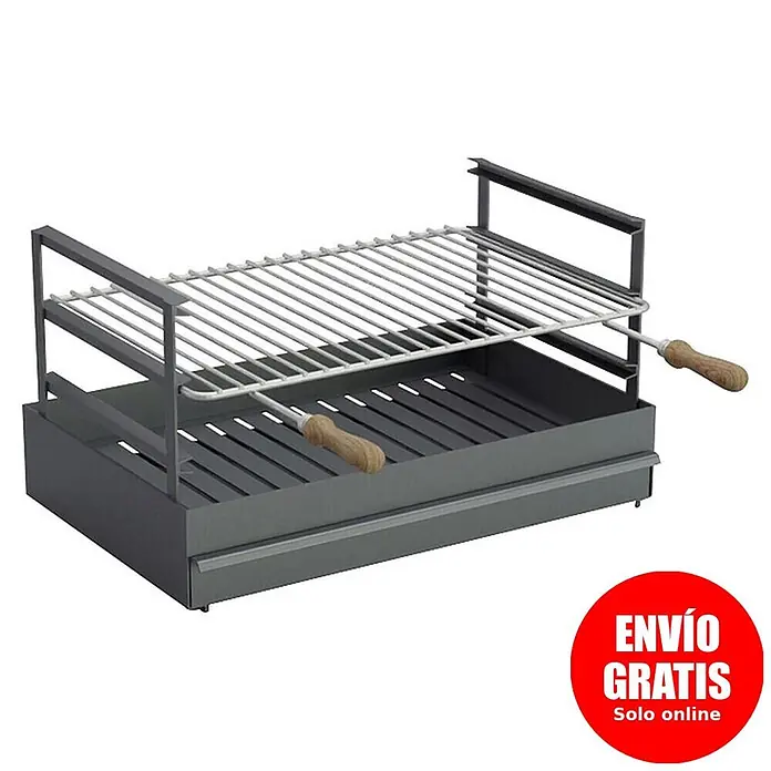 Sotnas Cajón para barbacoa - An x Pr x Al: 60 x 38 x 20 cm, Acero, De superficie - Parrilla de metal gris oscuro con rejilla en V blanca y asas de madera, altura ajustable y bandeja recogegrasas.