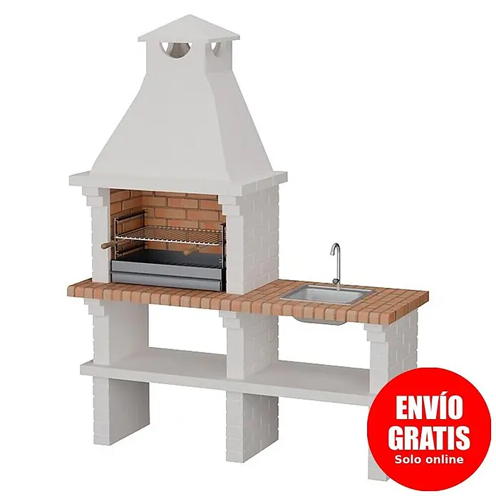 Sotnas Barbacoa de obra Monaco - Blanco, An x Pr x Al: 168 x 60 x 217 cm, Superficie parrilla: 60 x 38 cm, Con fregadero - Barbacoa de ladrillo blanco con encimera de ladrillo rojo, fregadero integrado y estante inferior.