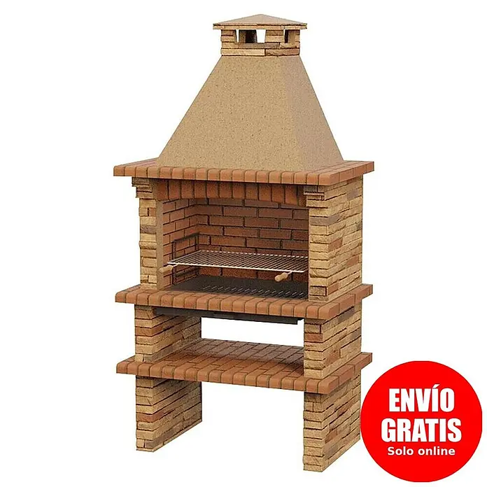 Sotnas Barbacoa de obra Berlim - Castaño, An x Pr x Al: 115 x 73 x 226 cm, Superficie parrilla: 78 x 48 cm - Barbacoa de ladrillo rojo con chimenea, parrilla metálica y dos estantes de almacenamiento inferiores.