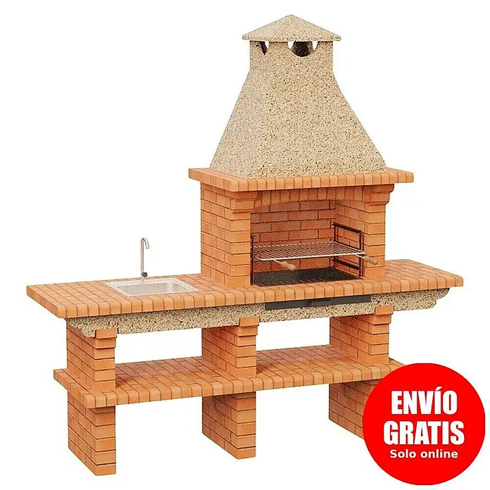 Sotnas Barbacoa de obra Barcelos Ladrillo con mesa - Crema/Ladrillo, An x Pr x Al: 214 x 60 x 219 cm, Superficie parrilla: 60 x 38 cm, Izquierda con fregadero - Barbacoa de ladrillo exterior con fregadero integrado, parrilla metálica y encimera.