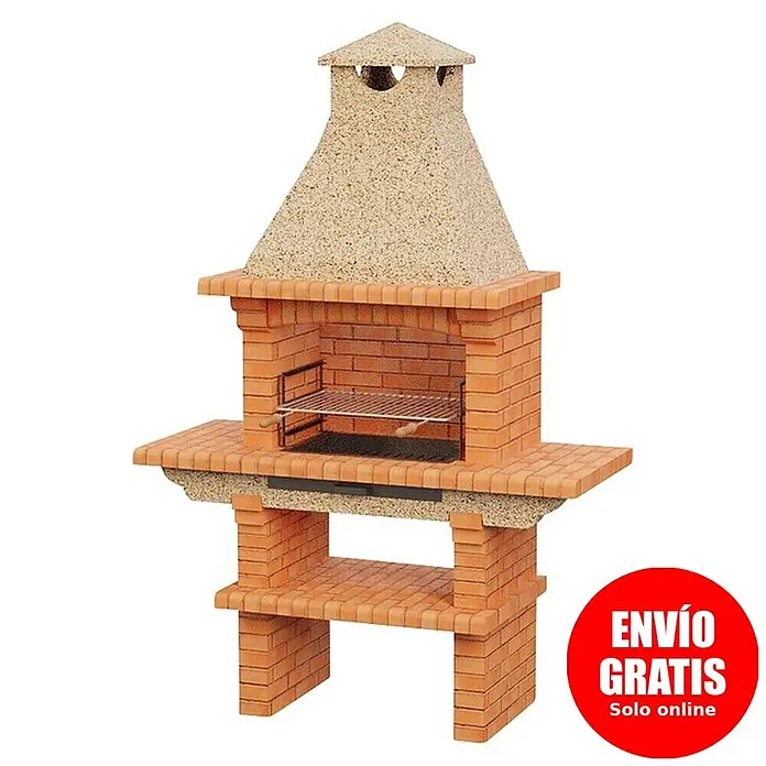 Sotnas Barbacoa de obra Barcelos Ladrillo - Crema/Ladrillo, An x Pr x Al: 146 x 60 x 219 cm, Superficie parrilla: 60 x 38 cm - Barbacoa de ladrillo con campana de piedra clara, parrilla metálica y mesas laterales.