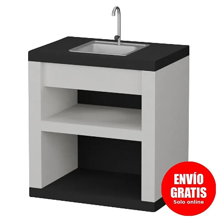 Sotnas Mesa de barbacoa para barbacoa Faro con fregadero - Blanco/Negro, An x Pr x Al: 80 x 55 x 88 cm, Con fregadero - Mueble de fregadero utilitario blanco y negro con grifo plateado, encimera negra y dos estantes abiertos.