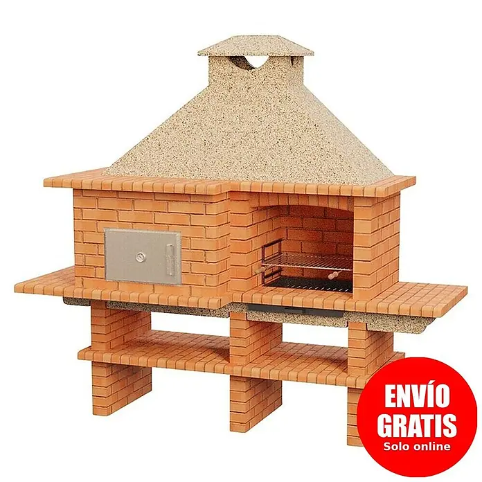 Sotnas Barbacoa con horno Roma - Crema/Ladrillo, An x Pr x Al: 256 x 96 x 236 cm, Superficie parrilla: 60 x 38 cm, Izquierda/Ladrillo - Barbacoa de ladrillo con campana de color arena, horno integrado, parrilla y estantes inferiores.