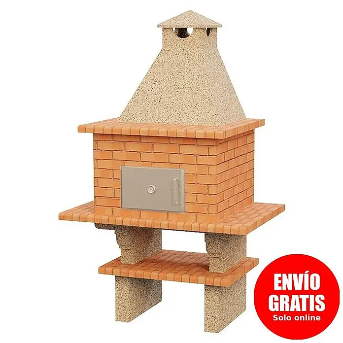 Sotnas Horno de piedra Roma - An x Pr x Al: 144 x 96 x 233 cm, Cemento de aluminato de calcio - Barbacoa de obra de ladrillo rojo con chimenea y base de hormigón jaspeado, con puerta de horno metálica y dos estantes.