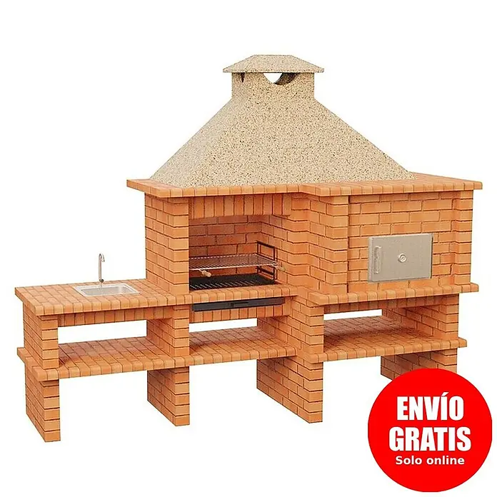 Sotnas Barbacoa con horno Roma - Crema/Ladrillo, An x Pr x Al: 300 x 108 x 247 cm, Superficie parrilla: 69 x 48 cm, Derecha/Ladrillo - Barbacoa de ladrillo rojo con campana de arena, fregadero integrado, parrilla y horno. Con estantes inferiores.