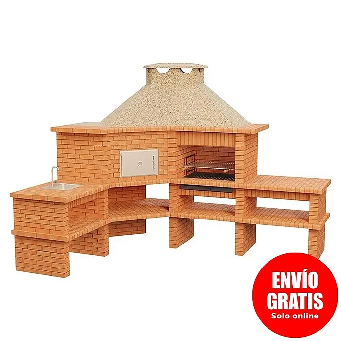 Sotnas Barbacoa con horno Roma - Crema/Ladrillo, An x Pr x Al: 310 x 73 x 237 cm, Superficie parrilla: 69 x 48 cm, Izquierda/Ladrillo - Barbacoa exterior de ladrillo en forma de L con fregadero, horno y zona de parrilla integrados, campana color arena.