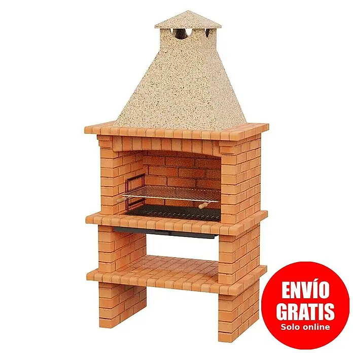 Sotnas Barbacoa de obra Barcelos Ladrillo - Crema/Ladrillo, An x Pr x Al: 115 x 73 x 231 cm, Superficie parrilla: 79 x 48 cm - Barbacoa de ladrillo rojo con chimenea de hormigón claro texturizado y parrilla, con un estante inferior.