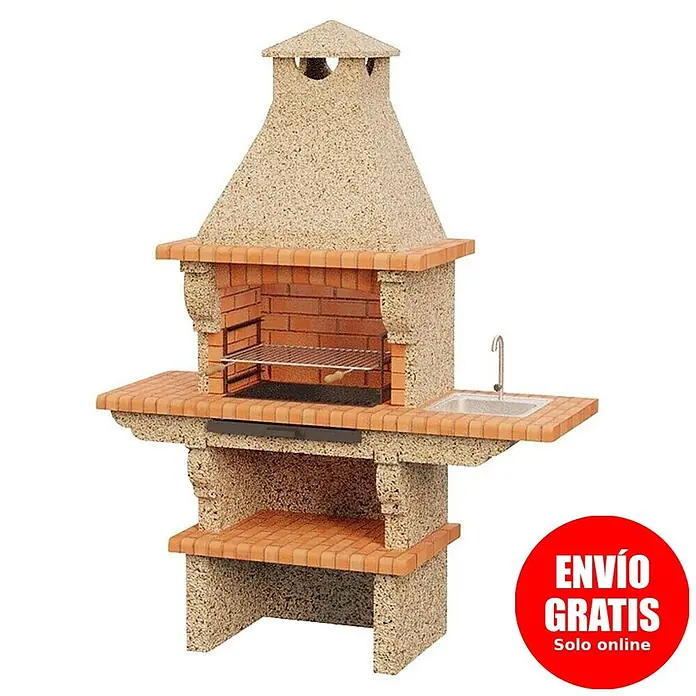 Sotnas Barbacoa de obra Barcelos Cerrada - Crema/Ladrillo, An x Pr x Al: 196 x 60 x 225 cm, Superficie parrilla: 60 x 38 cm, Derecha con fregadera - Barbacoa de obra de ladrillo y piedra con chimenea, parrilla y fregadero integrado.