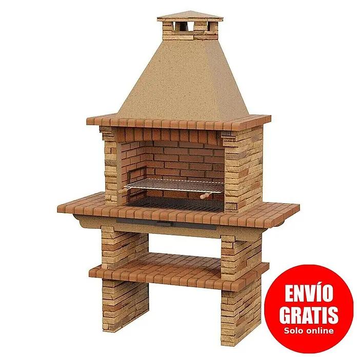 Sotnas Barbacoa de obra Berlim - Castaño, An x Pr x Al: 163 x 73 x 234 cm, Superficie parrilla: 78 x 48 cm - Barbacoa de ladrillo rojo con chimenea de hormigón, mesas laterales y estante inferior para cocinar al aire libre.