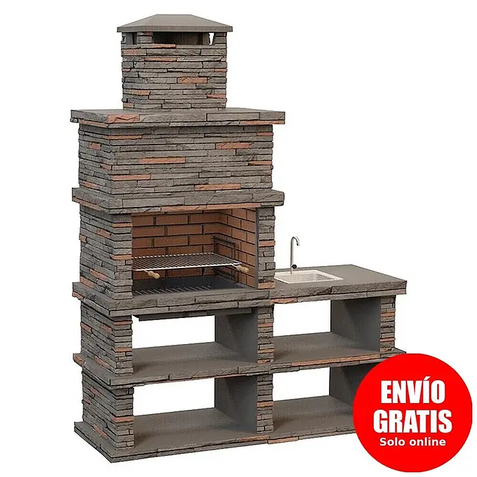 Sotnas Barbacoa de obra Londres con fregadera - Gris, An x Pr x Al: 186 x 68 x 245 cm, Superficie parrilla: 69 x 48 cm, Derecha con fregadera - Barbacoa de exterior de piedra con chimenea, parrilla, fregadero integrado y estantes.
