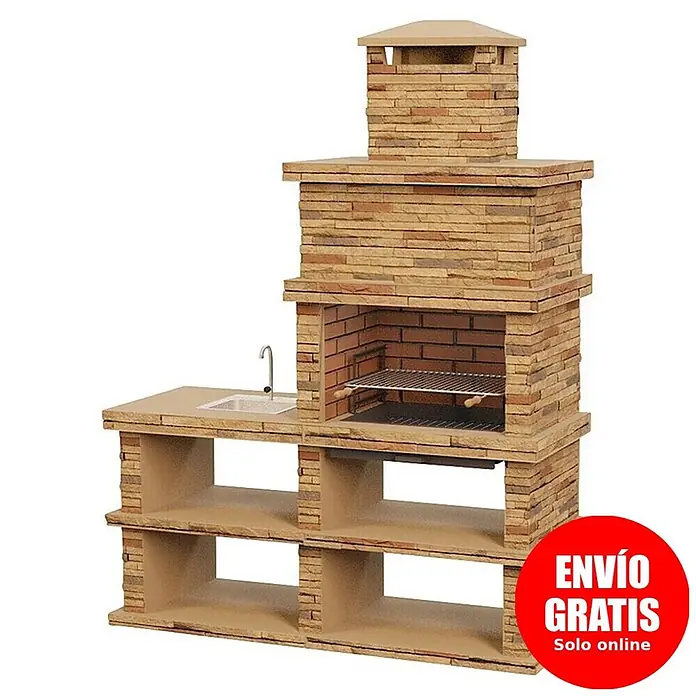 Sotnas Barbacoa de obra Londres con fregadera - Castaño, An x Pr x Al: 186 x 68 x 245 cm, Superficie parrilla: 69 x 48 cm, Izquierda con fregadera - Barbacoa de exterior de piedra beige con fregadero integrado, chimenea y estantes de almacenaje.