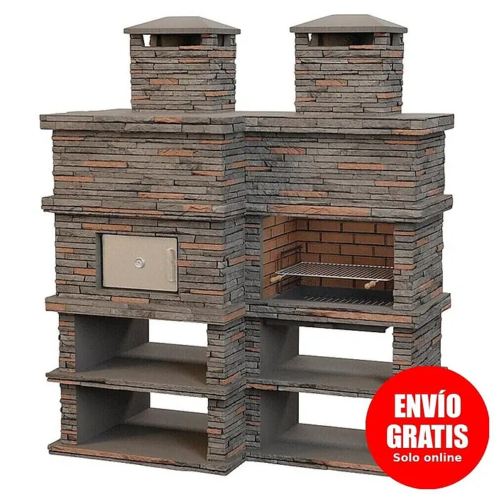 Sotnas Barbacoa con horno Londres - Gris, An x Pr x Al: 206 x 98 x 245 cm, Superficie parrilla: 69 x 48 cm, Izquierda - Gran unidad de barbacoa y horno exterior de piedra apilada gris y rojiza, con dos chimeneas, un horno, una parrilla y estantes de almacenaje.