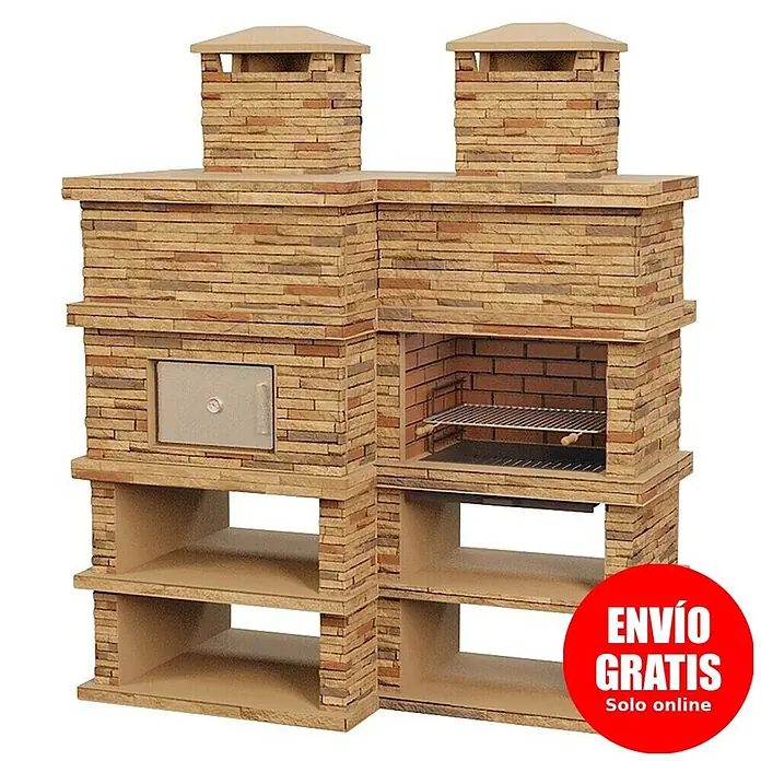 Sotnas Barbacoa con horno Londres - Castaño, An x Pr x Al: 206 x 98 x 245 cm, Superficie parrilla: 69 x 48 cm, Izquierda - Barbacoa y horno exterior de dos piezas de ladrillo marrón claro, con chimeneas, parrilla, horno y estantes.
