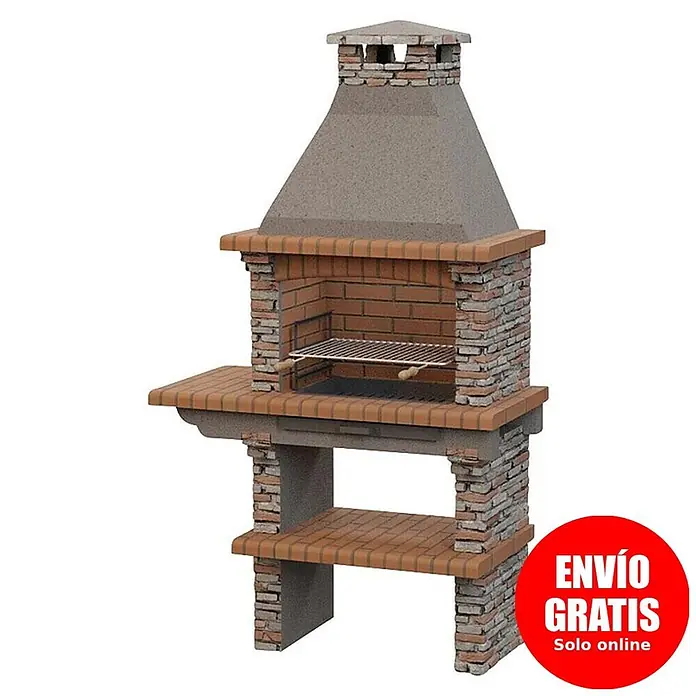 Sotnas Barbacoa de obra Paris - Gris, An x Pr x Al: 126 x 60 x 221 cm, Superficie parrilla: 60 x 38 cm, Izquierda - Robusta barbacoa de exterior de ladrillo y hormigón, con parrilla metálica, chimenea y estantes laterales e inferiores integrados.
