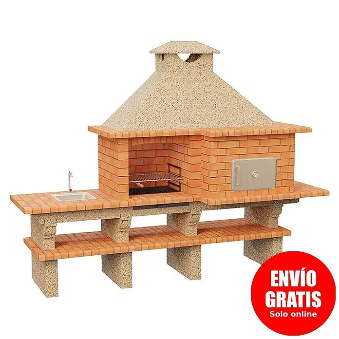Sotnas Barbacoa con horno Roma - Crema/Ladrillo, An x Pr x Al: 304 x 96 x 236 cm, Superficie parrilla: 60 x 38 cm, Derecha/Cemento - Barbacoa de ladrillo de terracota con fregadero, horno y estantes inferiores.