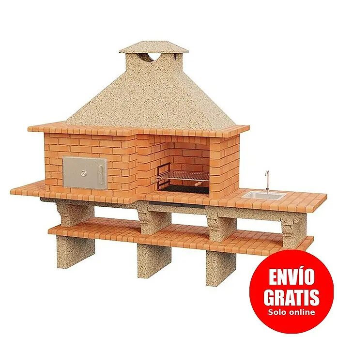 Sotnas Barbacoa con horno Roma - Crema/Ladrillo, An x Pr x Al: 304 x 96 x 236 cm, Superficie parrilla: 60 x 38 cm, Izquierda/Cemento - Barbacoa de obra exterior con horno, parrilla y fregadero, campana color arena y estantes inferiores.