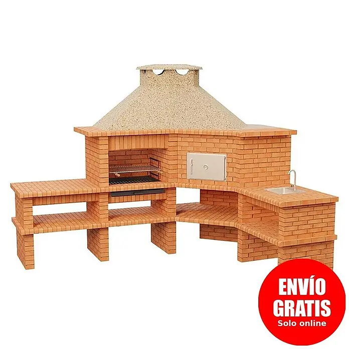 Sotnas Barbacoa con horno Roma - Crema/Ladrillo, An x Pr x Al: 310 x 73 x 237 cm, Superficie parrilla: 69 x 48 cm, Derecha/Ladrillo - Barbacoa de obra en forma de L con parrilla, horno, fregadero y estantes bajo campana de color arena.